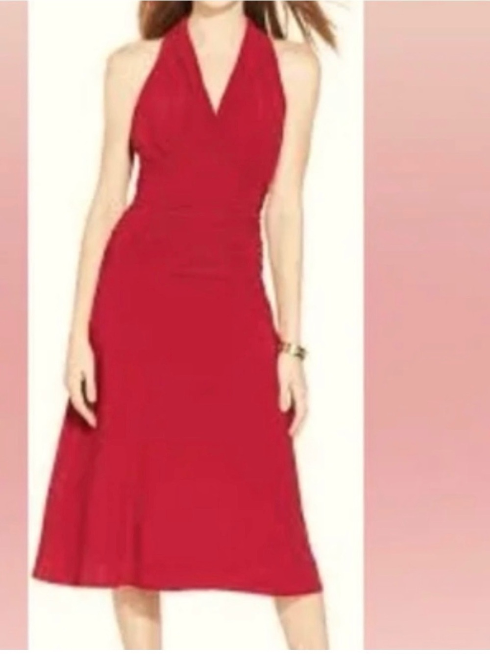 Nine West Red Halter Midi Dress | Size 4P | Ruched Cocktail